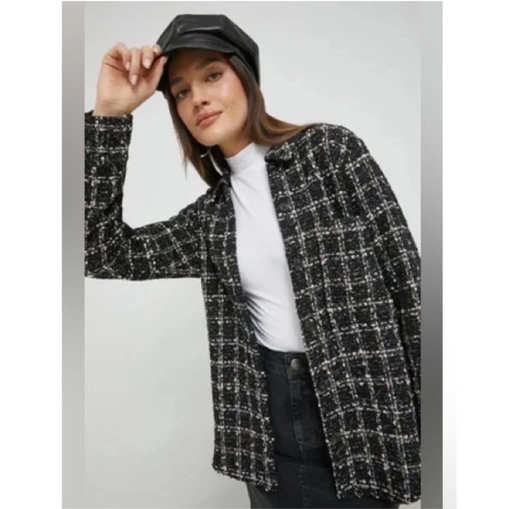 Abercrombie & Fitch Oversized Wool Blend Tweed Plaid Shirt Jacket Black White S
